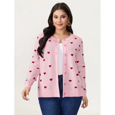 Bloomchic Women's Plus Size Love Pattern Jacquard Knit Cardigan Lightpink Long Sleeve Round Neck 28/5x