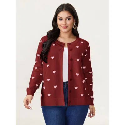 Bloomchic Women's Plus Size Love Pattern Jacquard Knit Cardigan Scarlet Long Sleeve Round Neck 12/l In Red