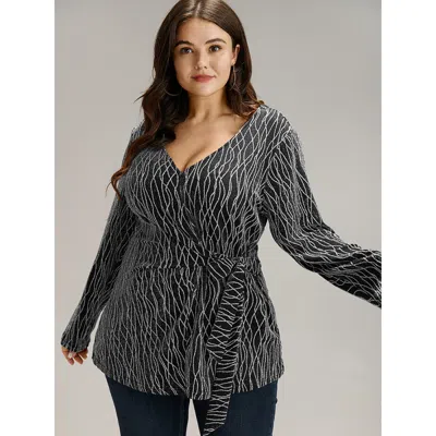 Bloomchic Women's Plus Size Lurex Geo Bowknot Front T-shirt Black Long Sleeve Dailywear 10/m