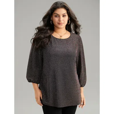 Bloomchic Women's Plus Size Lurex Round Neck Lantern Sleeve T-shirt Black 3/4 Sleeve Festival-christmas 14-16/