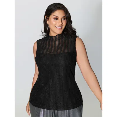 Bloomchic Women's Plus Size Lurex Sheer Neckline Lined Tank Top Black Party Skinny Corset Stand Collar 30/6x