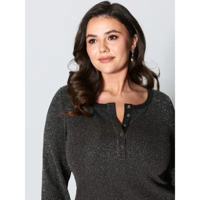 Bloomchic Women's Plus Size Luxe Feel Button Fitted T-shirt Black Solid Party Long Sleeve Scoop Neck 10/m