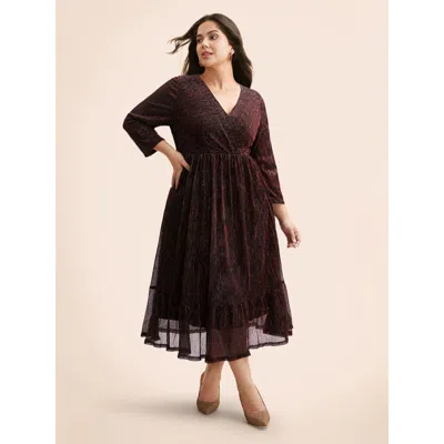 Bloomchic Women's Plus Size Luxe Mesh Pleated Elastic Waist Wrap Dress Burgundy Solid Midi Party Cable Knit 18