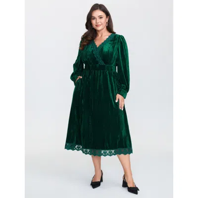 Bloomchic Women's Plus Size Luxe Textured Velvet Lace Trim Midi Dress Darkgreen Non Midi Elegant 10/m In Green