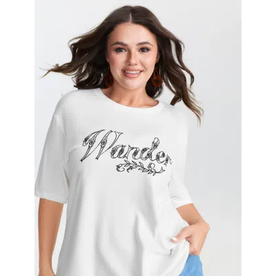 Bloomchic Women's Plus Size Made To Wander Embroidered T-shirt Originalwhite Solid Vacation Short Sleeve Round