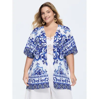 Bloomchic Women's Plus Size Majolica Print Open-front Kimono Darkblue Non Straight Fit 10/m In Blue