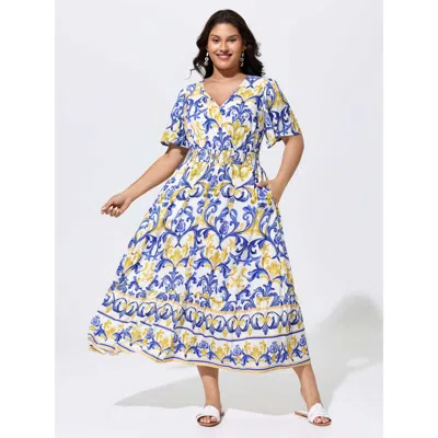 Bloomchic Women's Plus Size Majolica Print Shirred Waist Flowy Maxi Dress Opticwhite Ethnic Floral Maxi Vacati In White