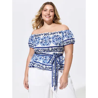 Bloomchic Women's Plus Size Majolica Print Stretchy Waist Belted Blouse Navy Ethnic Floral Vacation Short Slee In Blue