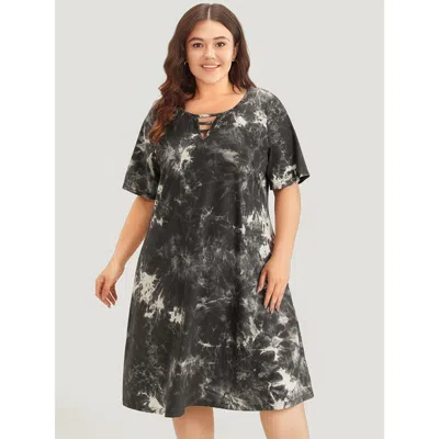 Bloomchic Women's Plus Size Marble Cut Out Pocket Zipper Midi Dress Black Dailywear Zipper 10/m