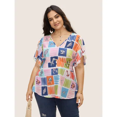 Bloomchic Women's Plus Size Marine Elements Contrast Petal Sleeve Blouse Multicolor Marine Elements Vacation S