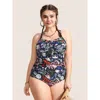 Bloomchic Women's Plus Size Marine Elements Drawstring Gathered One Piece Swimsuit Multicolor Marine Elements  In Multi