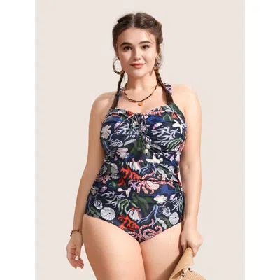 Bloomchic Women's Plus Size Marine Elements Drawstring Gathered One Piece Swimsuit Multicolor Marine Elements 