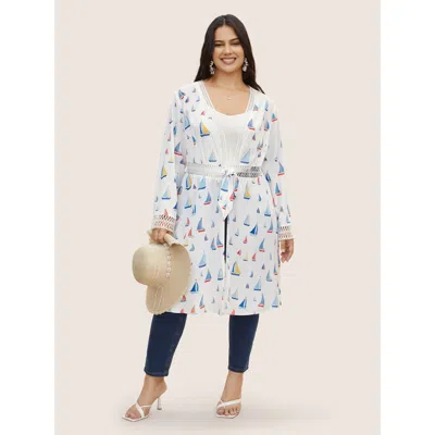 Bloomchic Women's Plus Size Marine Elements Knotted Cut Out Kimono Indigo Colorblock H-line 12/l In Purple