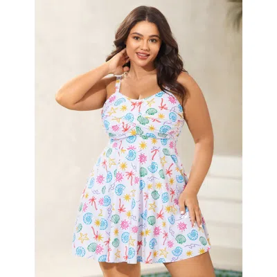 Bloomchic Women's Plus Size Marine Elements Twist Front Swim Dress Ivory Ocean Print Twist Adaptive-fit 10/m In White