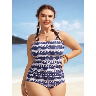 Bloomchic Women's Plus Size Marine Elements U Neck Gathered One Piece Swimsuit Indigo Marine Elements Gathered In Purple