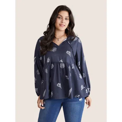 Bloomchic Women's Plus Size Marine Life Patterns Ties Gathered Blouse Indigo Vacation Long Sleeve 12/l In Purple