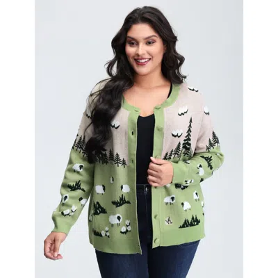 Bloomchic Women's Plus Size Meadow Pattern Jacquard Button Knit Cardigan Lightgreen Long Sleeve Round Neck 10/