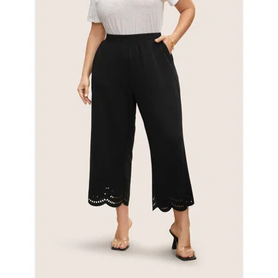 Bloomchic Women's Plus Size Medium Stretch Laser Cut Elastic Waist Pants Black Solid Wide Leg Mid Rise Everyda