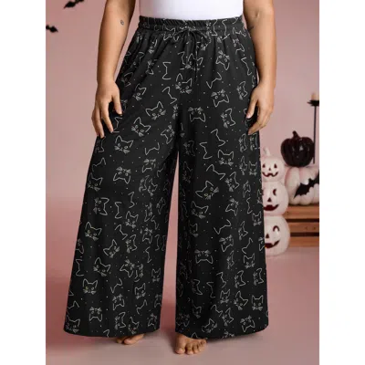 Bloomchic Women's Plus Size Meow Halloween Print Wide-leg Lounge Pants Black Full 10/m