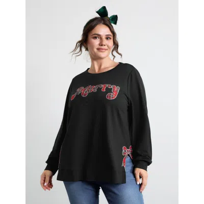 Bloomchic Women's Plus Size Merry Applique Embroidery Sweatshirt Black Graphic-christmas Casual Round Neck 10/