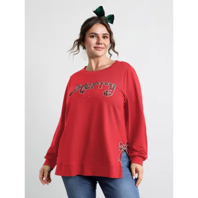 Bloomchic Women's Plus Size Merry Applique Embroidery Sweatshirt Brightred Graphic-christmas Casual Round Neck