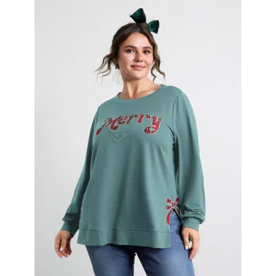 Bloomchic Women's Plus Size Merry Applique Embroidery Sweatshirt Cerulean Graphic-christmas Casual Round Neck  In Blue
