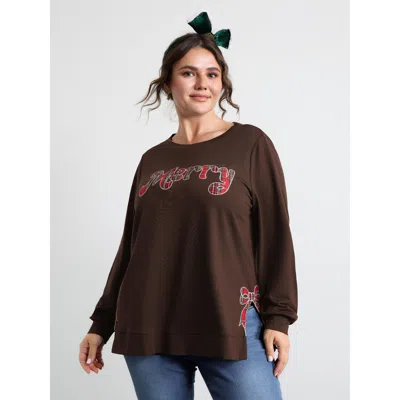 Bloomchic Women's Plus Size Merry Applique Embroidery Sweatshirt Darkbrown Graphic-christmas Casual Round Neck In Brown