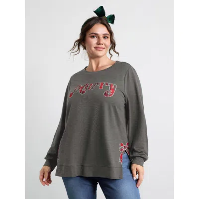 Bloomchic Women's Plus Size Merry Applique Embroidery Sweatshirt Darkgray Graphic-christmas Casual Round Neck  In Gray