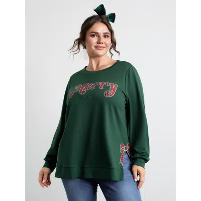 Bloomchic Women's Plus Size Merry Applique Embroidery Sweatshirt Darkgreen Graphic-christmas Casual Round Neck In Green