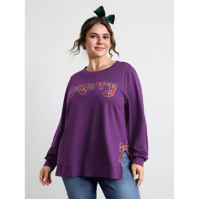 Bloomchic Women's Plus Size Merry Applique Embroidery Sweatshirt Deeppurple Graphic-christmas Casual Round Nec