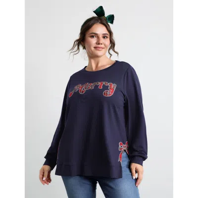 Bloomchic Women's Plus Size Merry Applique Embroidery Sweatshirt Indigo Graphic-christmas Casual Round Neck 12 In Purple