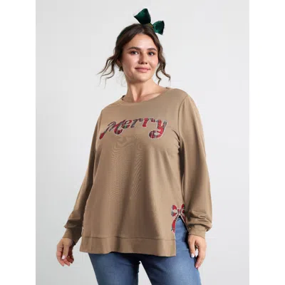Bloomchic Women's Plus Size Merry Applique Embroidery Sweatshirt Lightbrown Graphic-christmas Casual Round Nec In Brown
