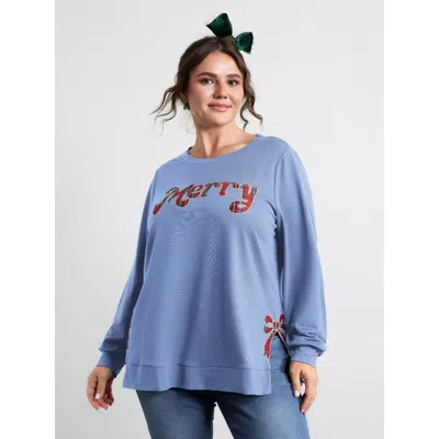 Bloomchic Women's Plus Size Merry Applique Embroidery Sweatshirt Skyblue Graphic-christmas Casual Round Neck 1 In Blue