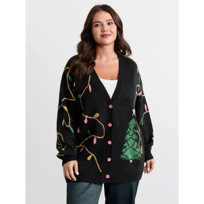 Bloomchic Women's Plus Size Merry Bright Button Knit Cardigan Black Long Sleeve Deep V-neck 10/m