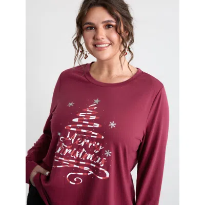 Bloomchic Women's Plus Size Merry Christmas Print Contrast T-shirt Scarlet Solid Casual Long Sleeve Round Neck In Red