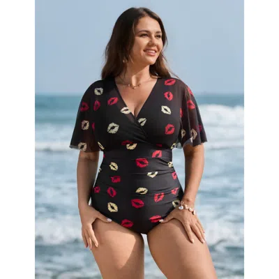 Bloomchic Women's Plus Size Mesh Lip Pattern Ruched One-piece Swimsuit Black Heart Mesh Panel Adaptive-fit 18-