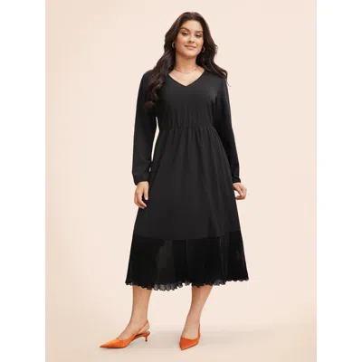 Bloomchic Women's Plus Size Mesh Patchwork Lantern Sleeve Pleated Dress Black Non Midi Elegant See Through 10/