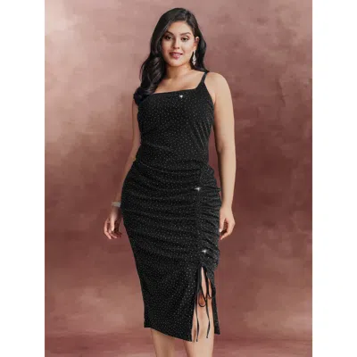 Bloomchic Women's Plus Size Mesh Rhinestone Padded Underwear Detail Midi Dress Pureblack Synthetic Texture Mid