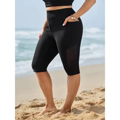 Bloomchic Women's Plus Size Mesh Spliced Pockets Skinny-fit Swim Bottoms Black Non Short Patchwork Fully Elast