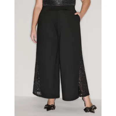 Bloomchic Women's Plus Size Mesh Spliced Wide-leg Pants Black Non Slight Flare Mid Rise Party 10/m