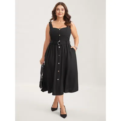 Bloomchic Women's Plus Size Metal Buckle Button Front Midi Dress Black Non Midi Office 10/m