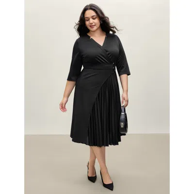 Bloomchic Women's Plus Size Metal Buckle Drape Pleated Midi Dress Black Non Midi Office 12/l