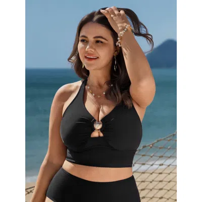 Bloomchic Women's Plus Size Metal Buckle Ruched Cut-out Bikini Top Black Non Sleeveless Cut-out Adaptive-fit 1