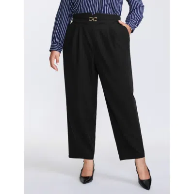 Bloomchic Women's Plus Size Metal Buckle Split Waistband Pants Black Non Straight Fit Mid Rise Office 10/m