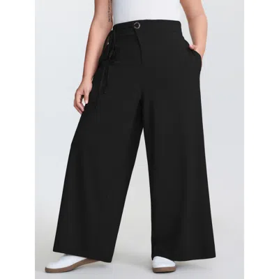 Bloomchic Women's Plus Size Metal Buckle Wide-leg Pants Black Non Straight Fit High Rise Casual 10/m