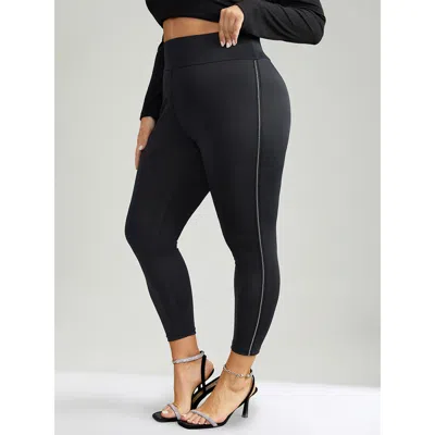 Bloomchic Women's Plus Size Metal Chain Trim Mid Rise Leggings Black Medium Stretch Mid Rise Festival-christma