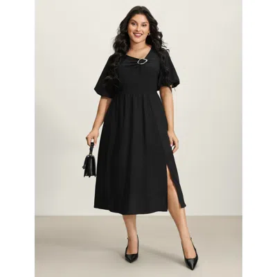 Bloomchic Women's Plus Size Metal Detail Asymmetrical Neckline Maxi Dress Black Non Midi Office Gathered 10/m