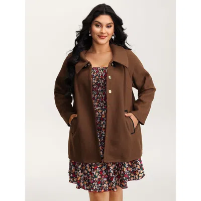 Bloomchic Women's Plus Size Metal Detail Pockets Coat Yellowishbrown Button A-line 10/m