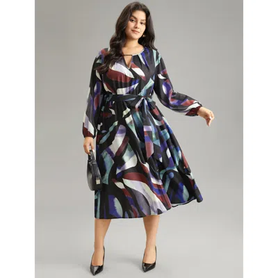 Bloomchic Women's Plus Size Metal Strip Notched Belted Colorblock Contrast Dress Multicolor Office Elastic Cuf