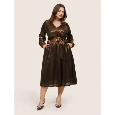 Bloomchic Women's Plus Size Metallic Belted Wrap Lantern Sleeve Dress Bronze Party Elastic Cuffs 26/4x In Brown